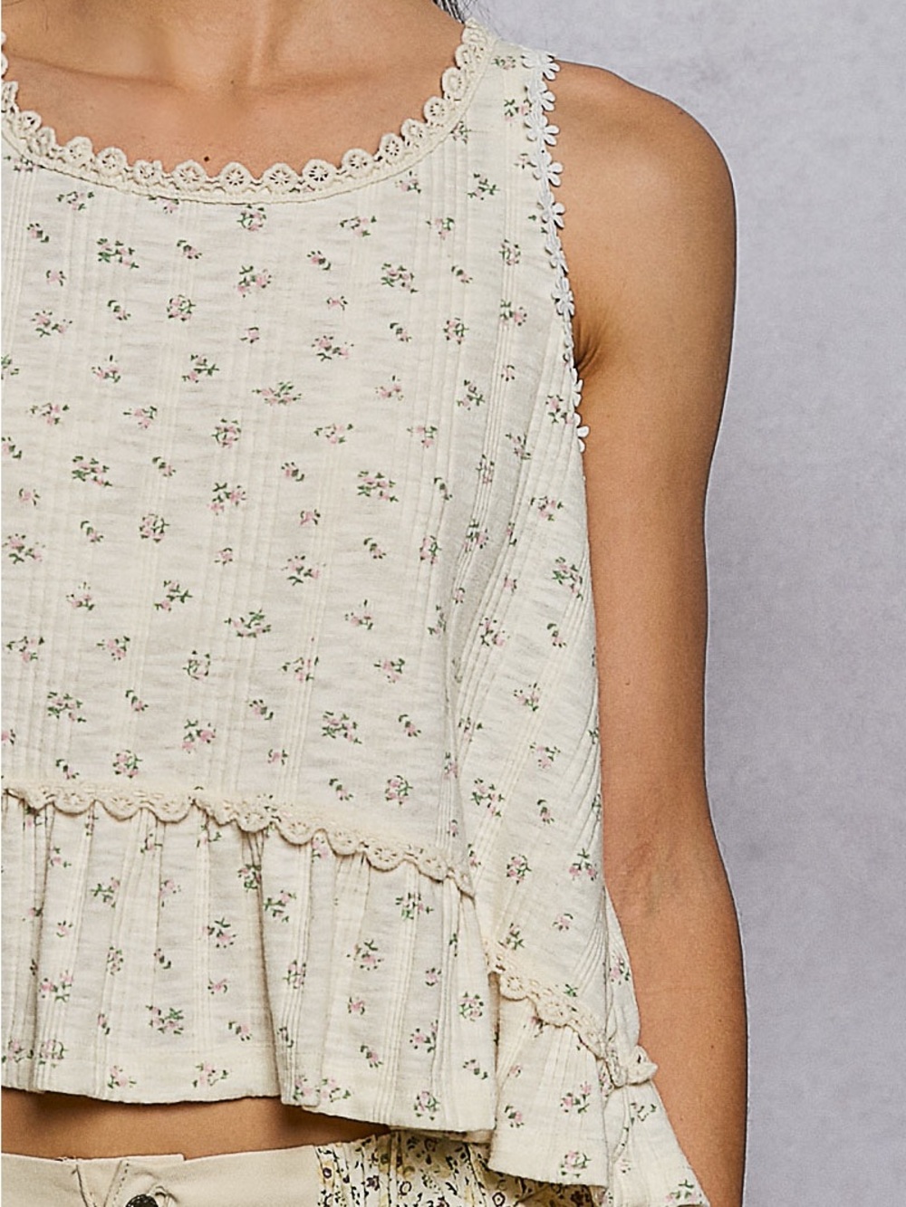 POL Cream Floral Lace-Trim Ruffle Tank Top - Picture 7 of 7